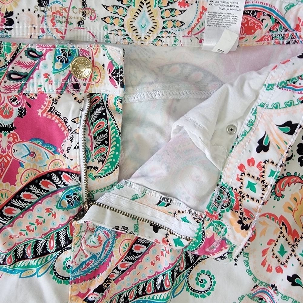 CHICO'S Slim Leg Crop Colorful Paisley Floral Print Flat Front Pants Size 12 - Picture 8 of 16